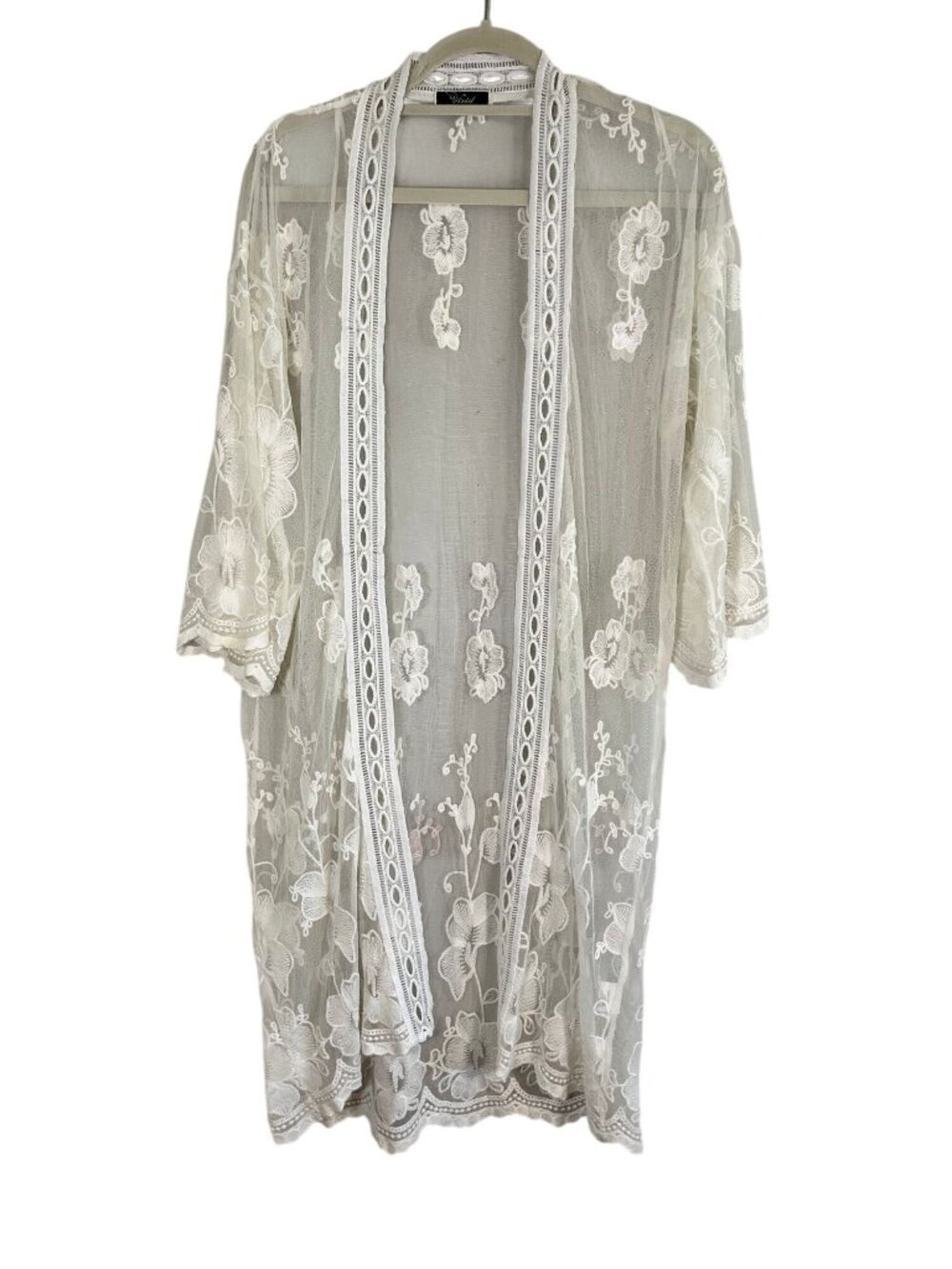 Neutral Sheer Mesh‎ Floral Embroidered Kimono L Boho Indie Folk Peasant Festival